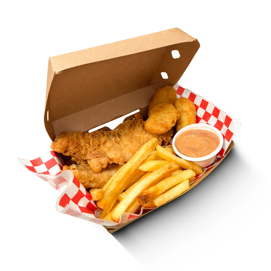 OGCrispy Box with crispy chicken, nuggets, fries and dipping sauce