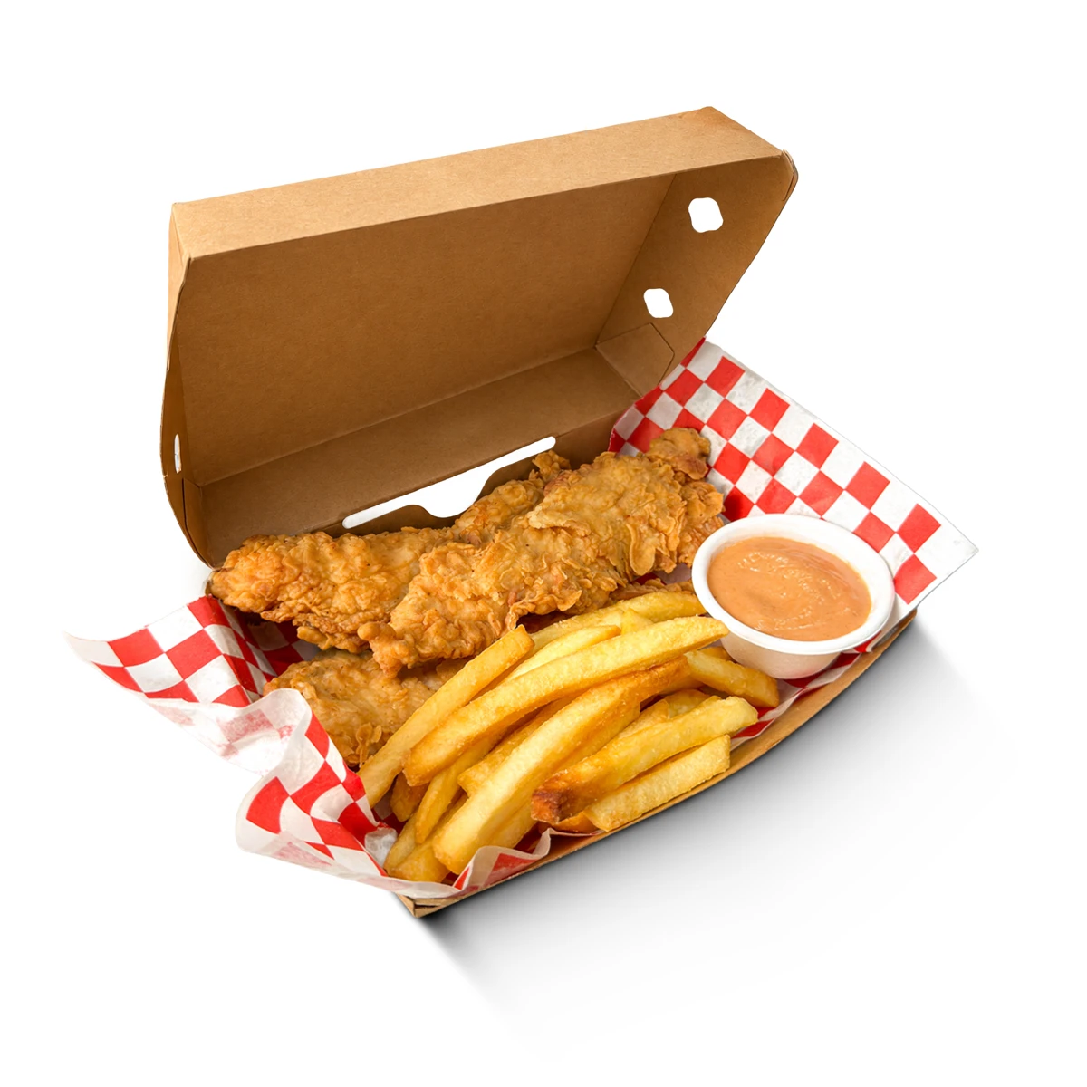 OGTender Box with chicken tenders, fries and dipping sauce